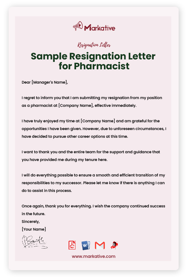 Sample Resignation Letter for Pharmacist