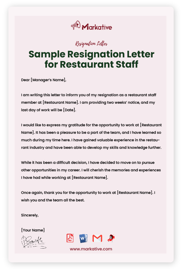 Sample Resignation Letter for Restaurant Staff