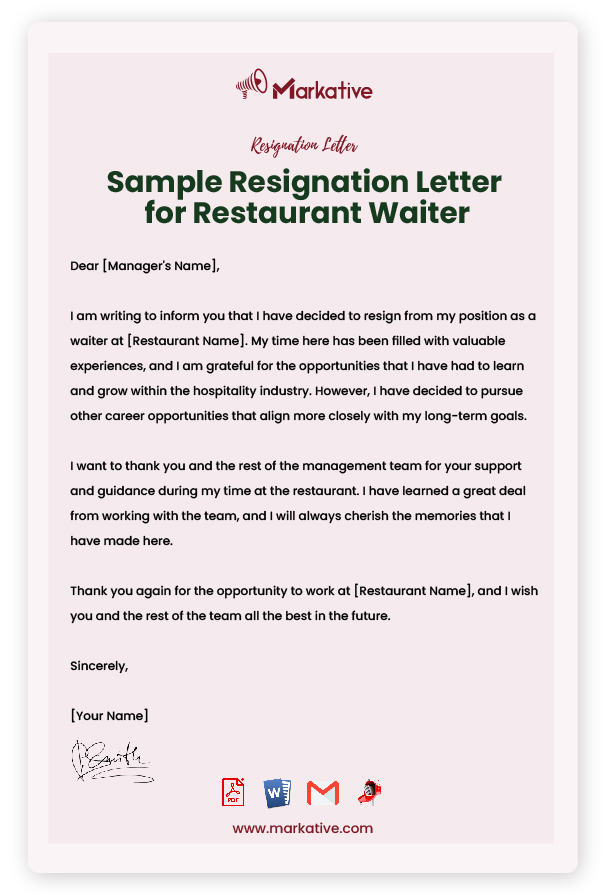Sample Resignation Letter for Restaurant Waiter