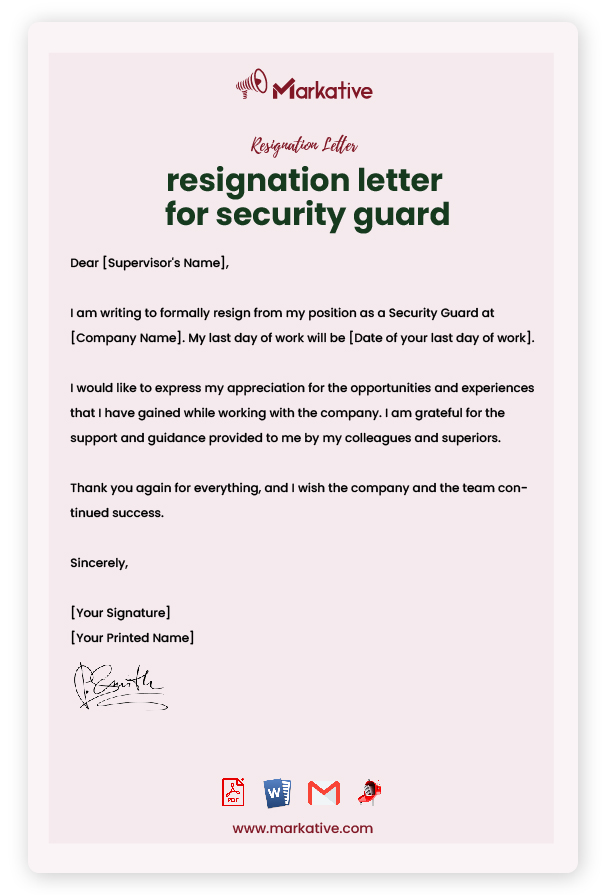 Sample Resignation Letter for Security Guard