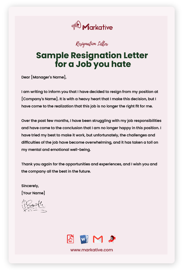 Sample Resignation Letter for a Job you hate