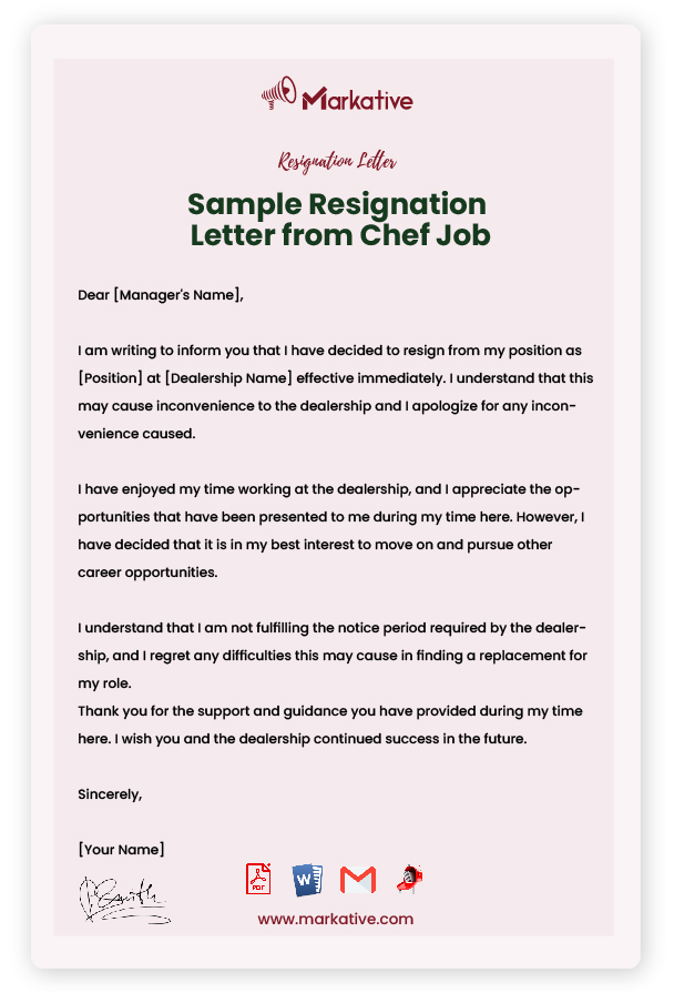 Sample Resignation Letter from Chef Job