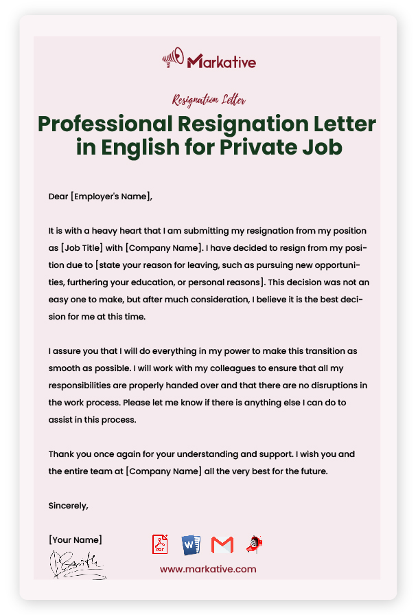 Sample Resignation Letter in English for Private Job