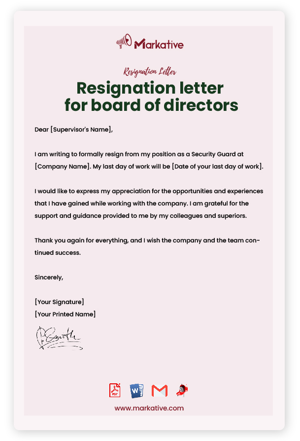 Sample Resignation letter for Director