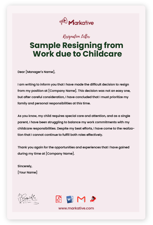 Sample Resigning from Work due to Childcare