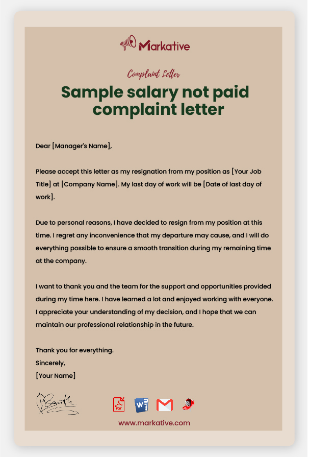 Sample Salary Not Paid Complaint Letter