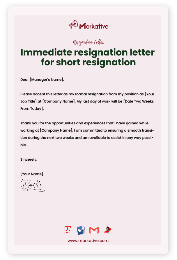 Sample Short Resignation Letter