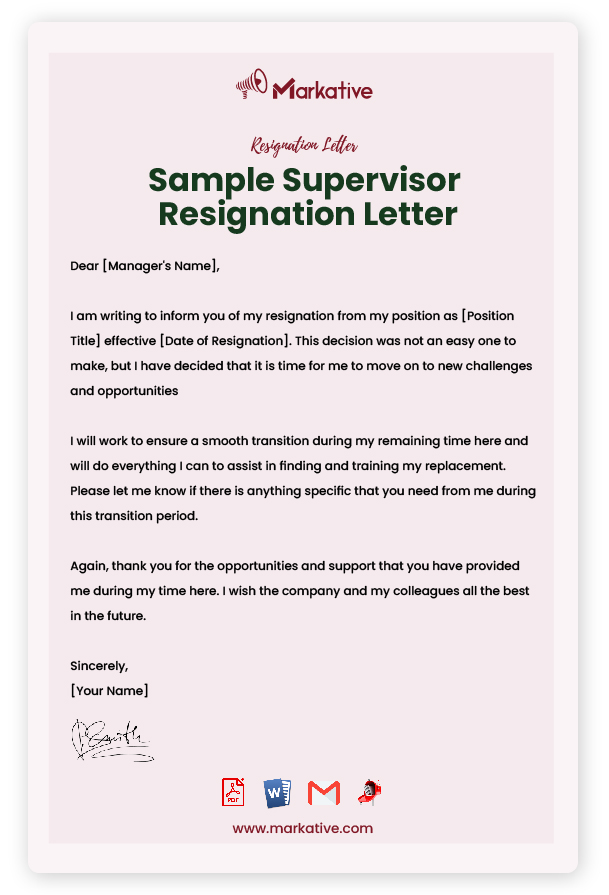 Sample Supervisor Resignation Letter