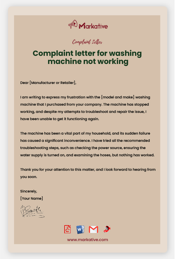 Sample of Complaint Letter for Washing Machine