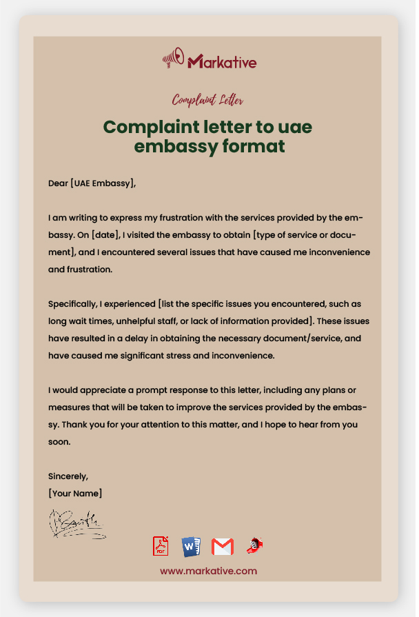 Sample of Complaint Letter to UAE Embassy