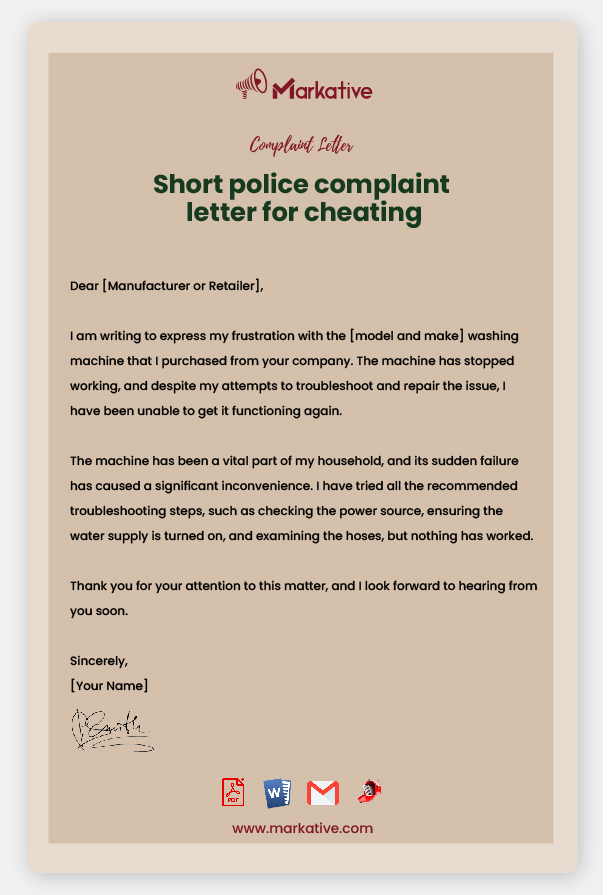 Sample police complaint letter for cheating