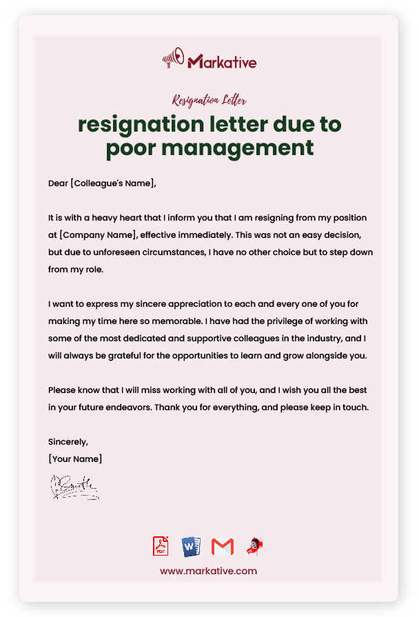 Simple Resignation Letter Due to Poor Management