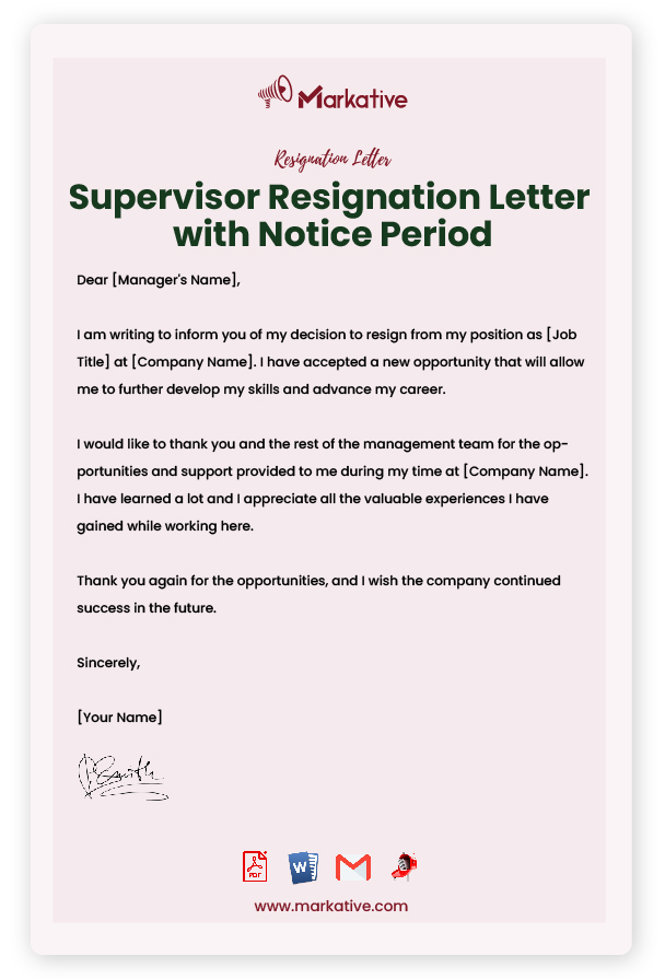Supervisor Resignation Letter with Notice Period