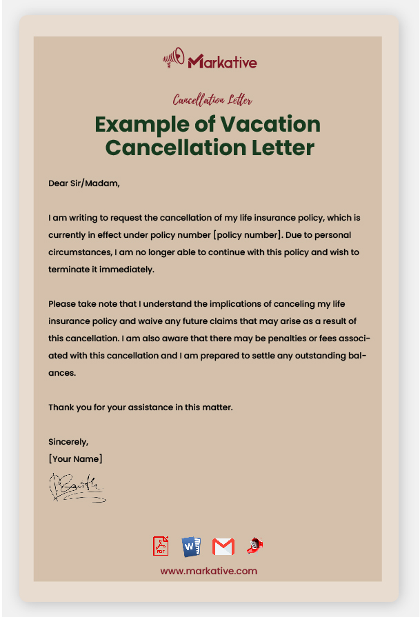 Vacation Cancellation Letter Format