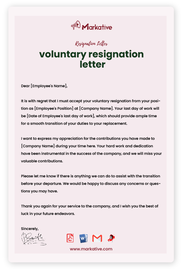 Voluntary Resignation Letter without Notice Period