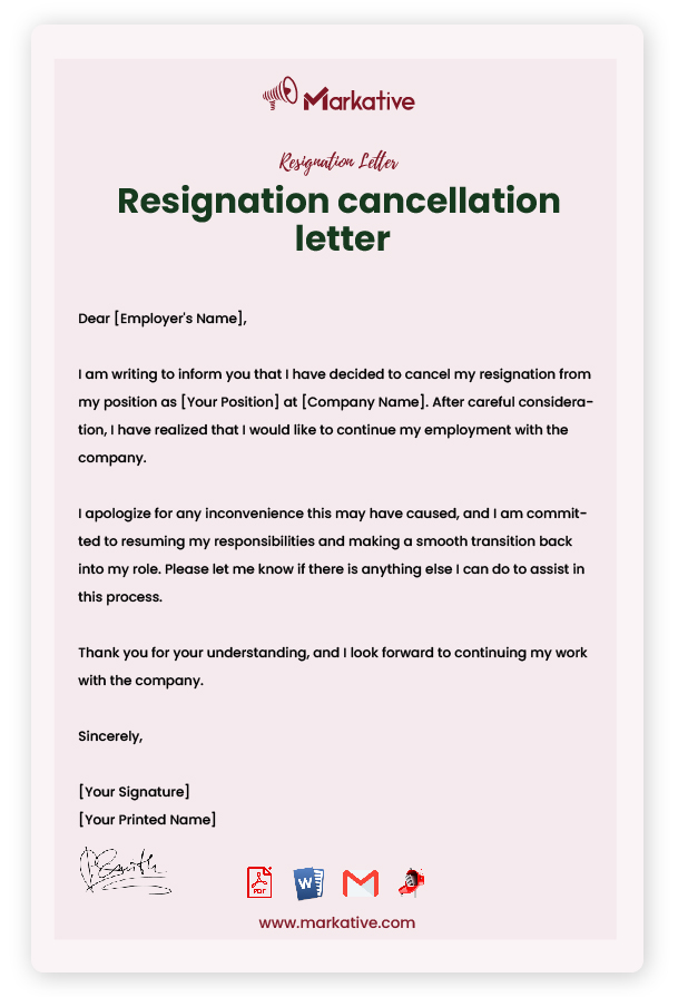 immediate Resignation Cancellation Letter