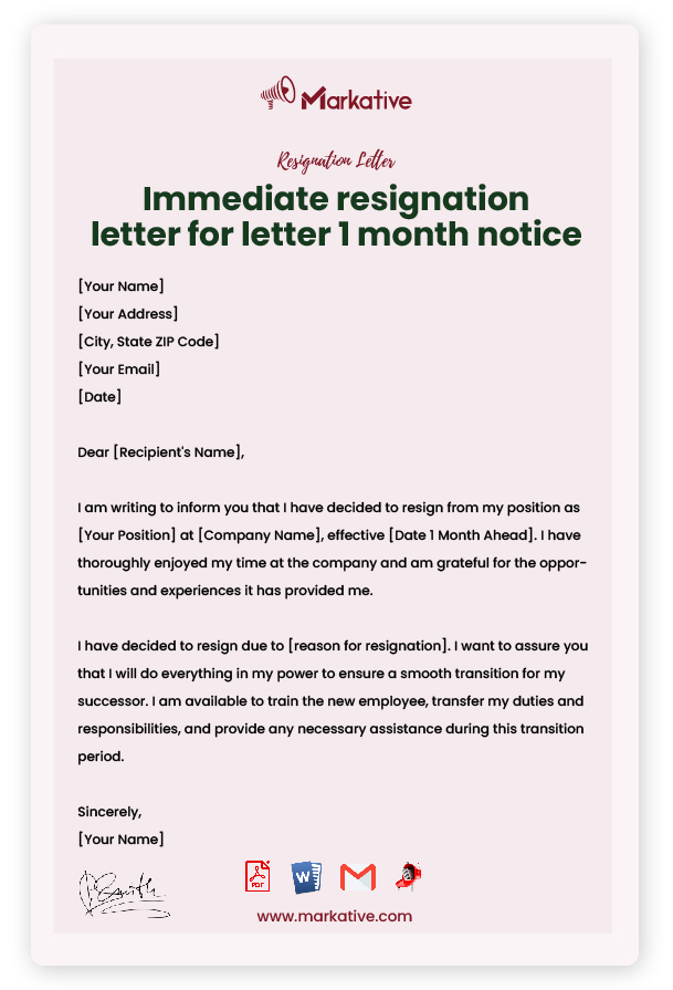 immediate Resignation Letter 1 Month Notice