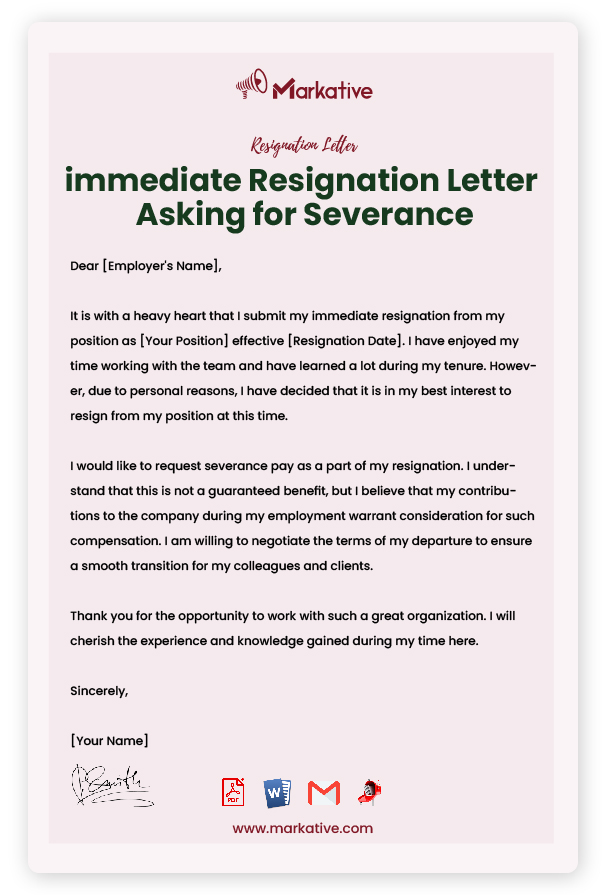 immediate Resignation Letter Asking for Severance