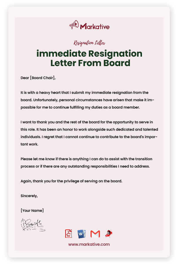 immediate Resignation Letter From Board
