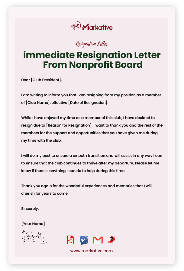 immediate Resignation Letter From Nonprofit Board