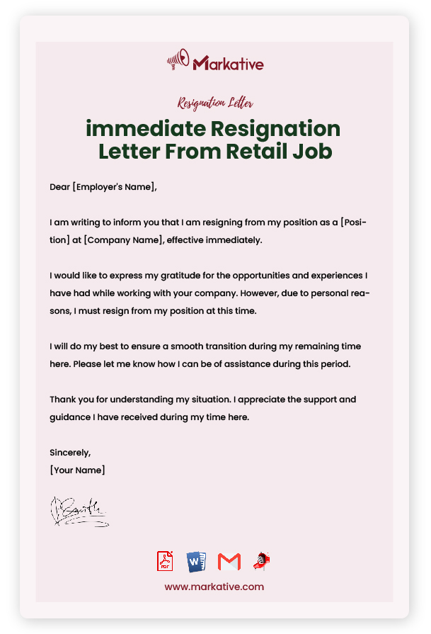 immediate Resignation Letter From Retail Job