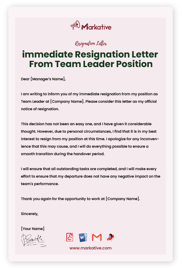 immediate Resignation Letter From Team Leader Position