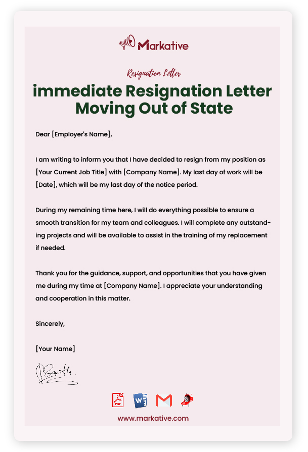 immediate Resignation Letter Moving Out of State