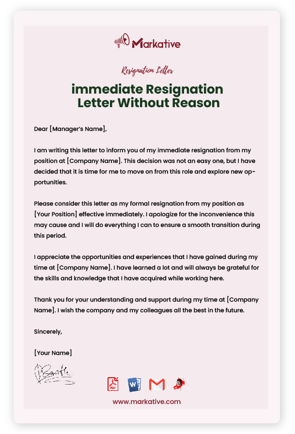 immediate Resignation Letter Without Reason