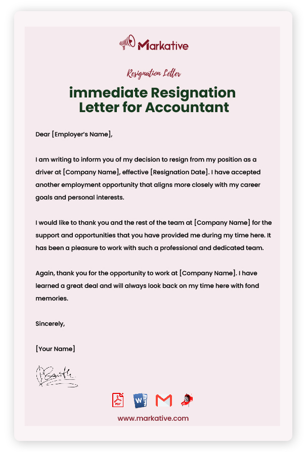 immediate Resignation Letter for Accountant