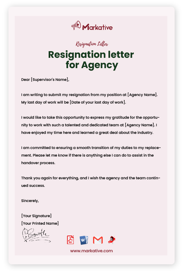 immediate Resignation Letter for Agency
