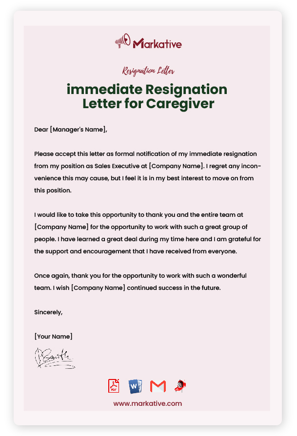 immediate Resignation Letter for Caregiver