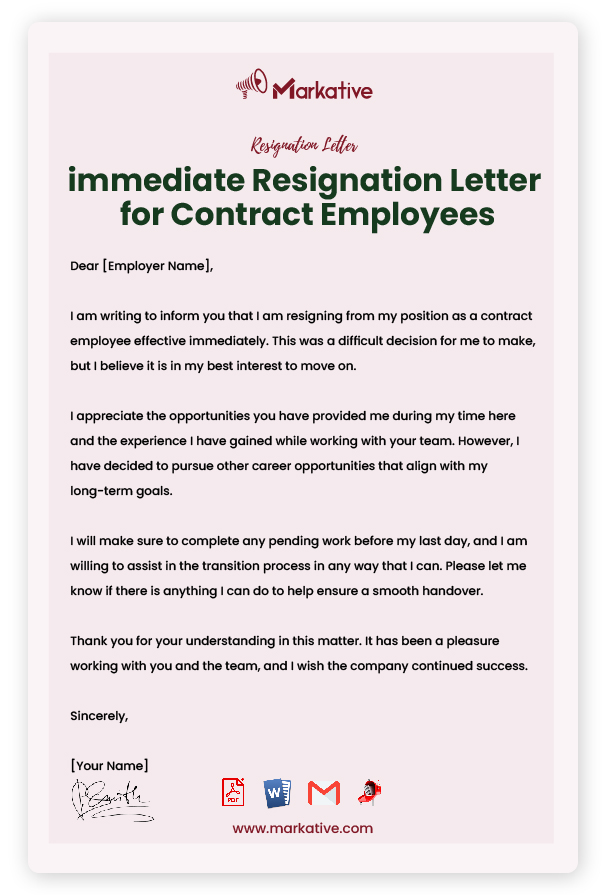 immediate Resignation Letter for Contract Employees