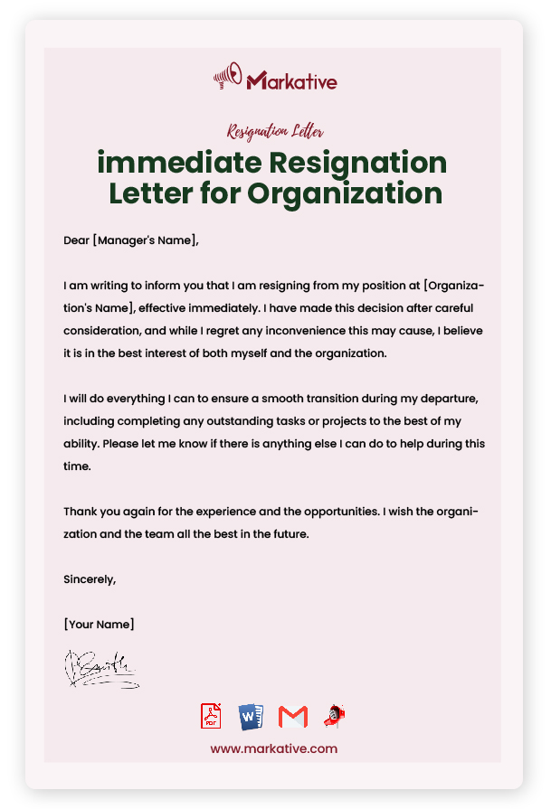 immediate Resignation Letter for Organization