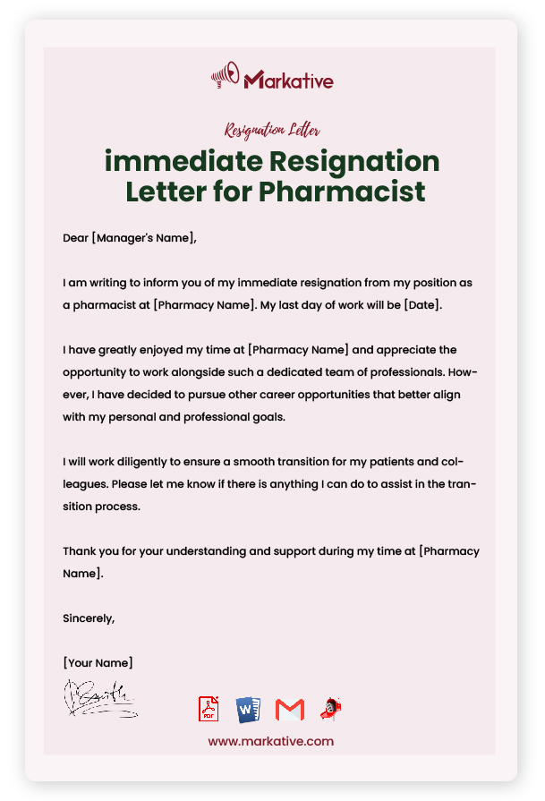 immediate Resignation Letter for Pharmacist