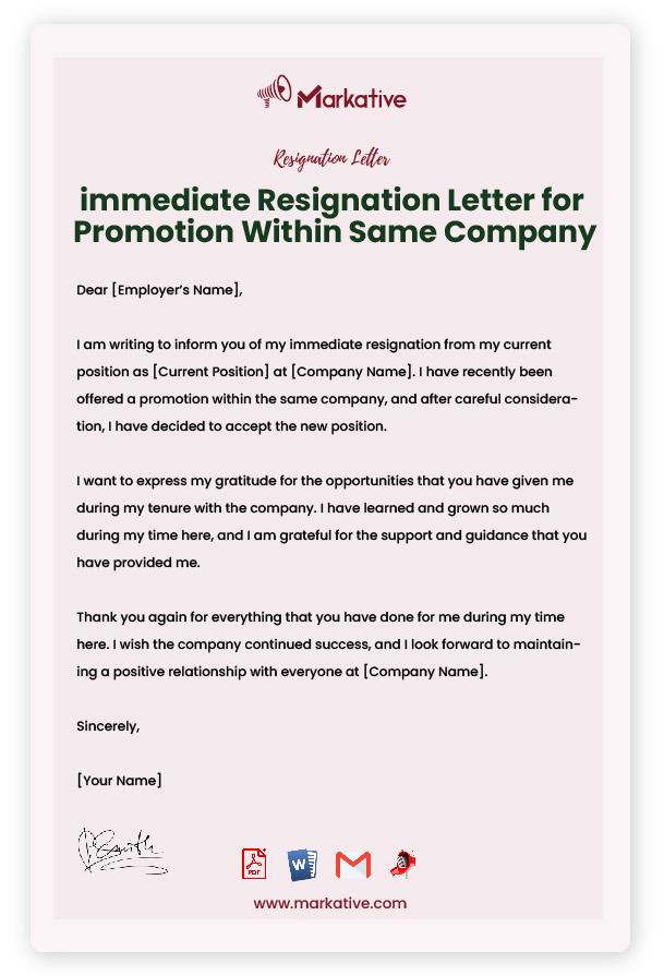 immediate Resignation Letter for Promotion Within Same Company