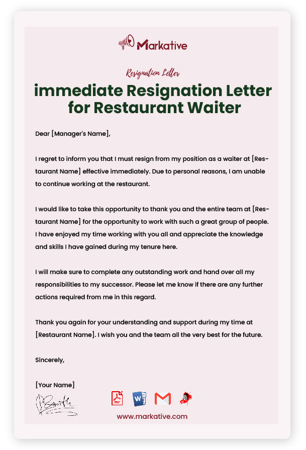 immediate Resignation Letter for Restaurant Waiter