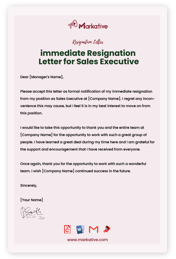 immediate Resignation Letter for Sales Executive