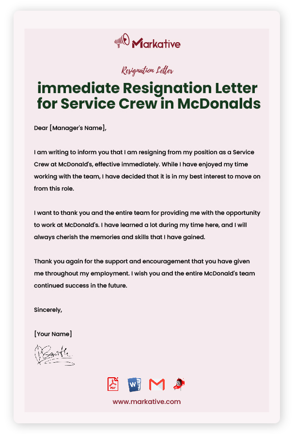 immediate Resignation Letter for Service Crew in McDonalds