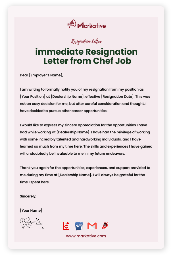 immediate Resignation Letter from Chef Job