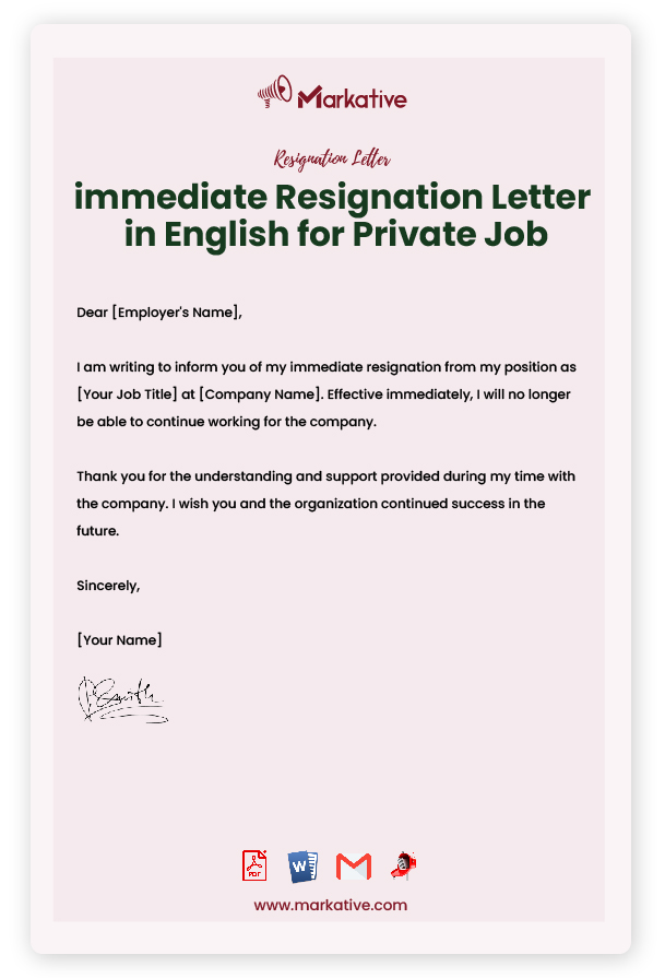 immediate Resignation Letter in English for Private Job
