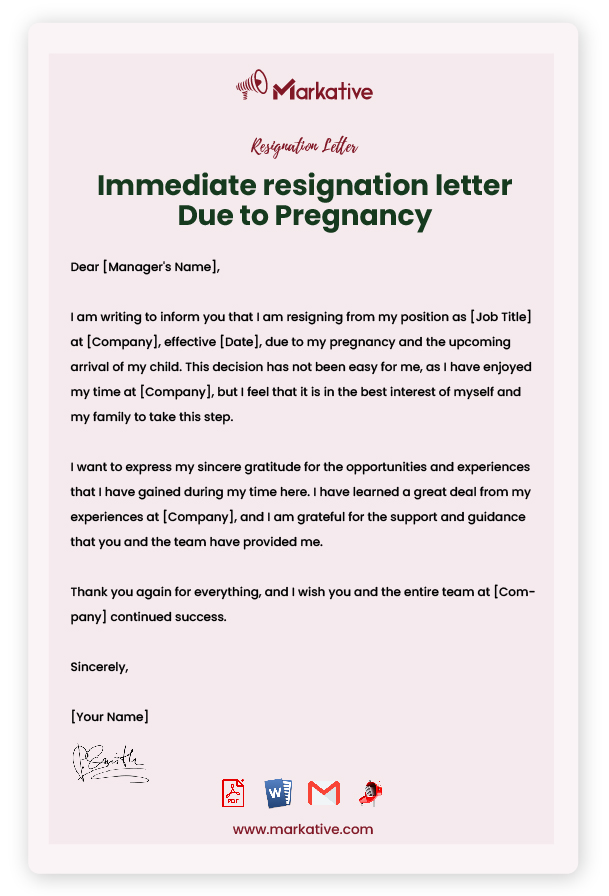 immediate Resignation letter Due to Pregnancy