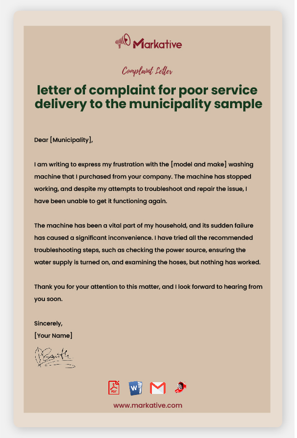 sample of Letter of Complaint for Poor Service Delivery to the Municipality