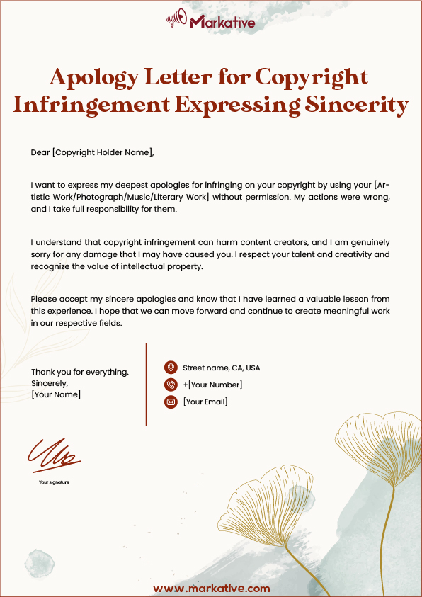 Apology Letter for Copyright Admitting the Infringement