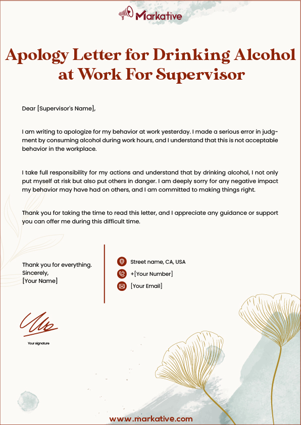 Apology Letter for Drinking Alcohol at Work For Colleagues