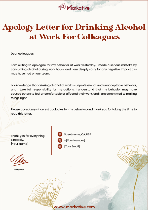 Apology Letter for Drinking Alcohol at Work For Supervisor