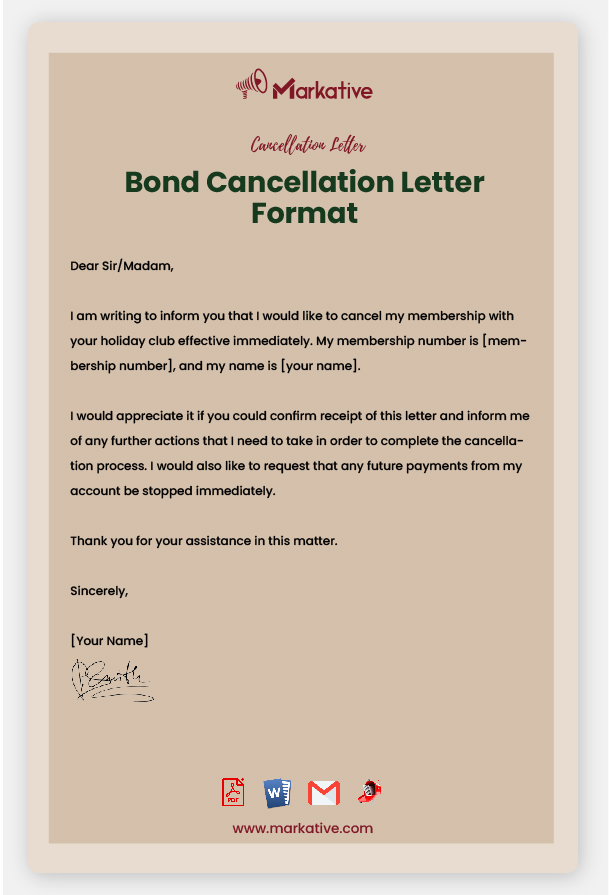Bond Cancellation Letter Format
