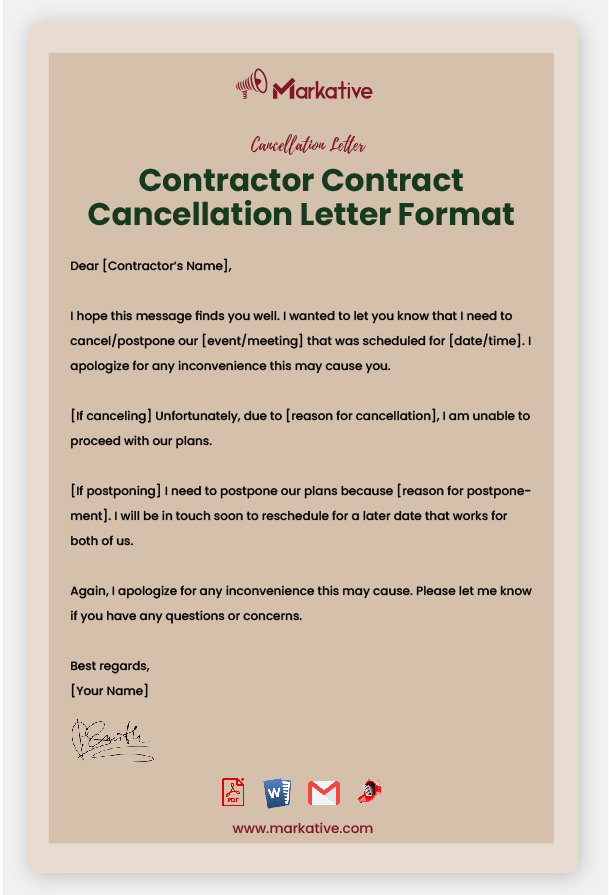 Contractor Contract Cancellation Letter Format