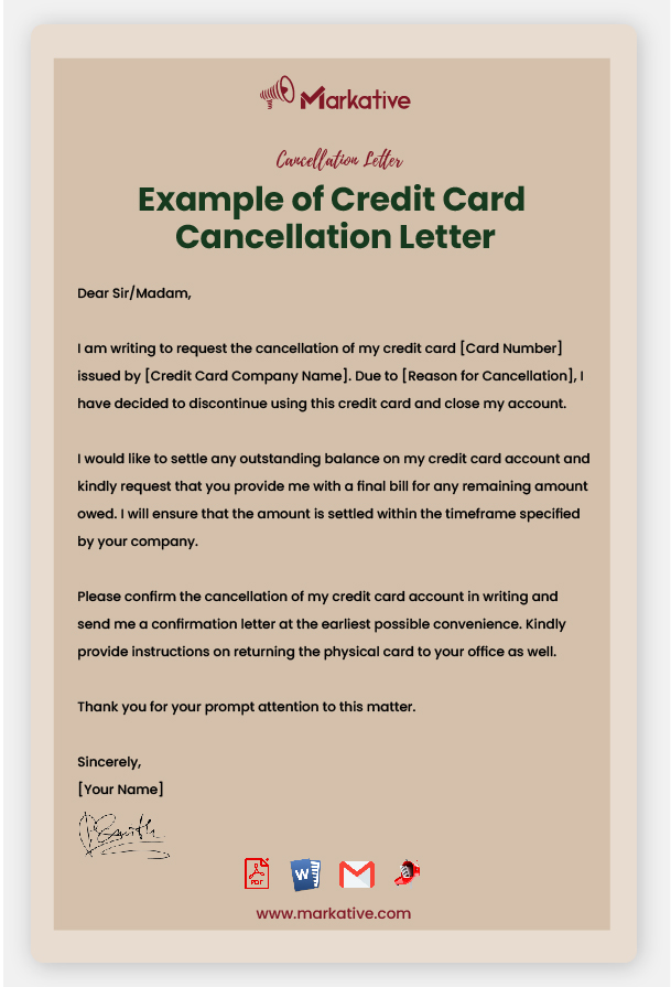 Credit Card Cancellation Letter Format