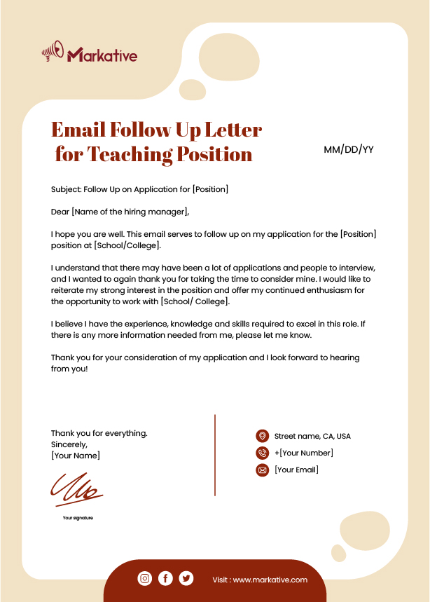 Email Follow Up Letter for Teaching Position