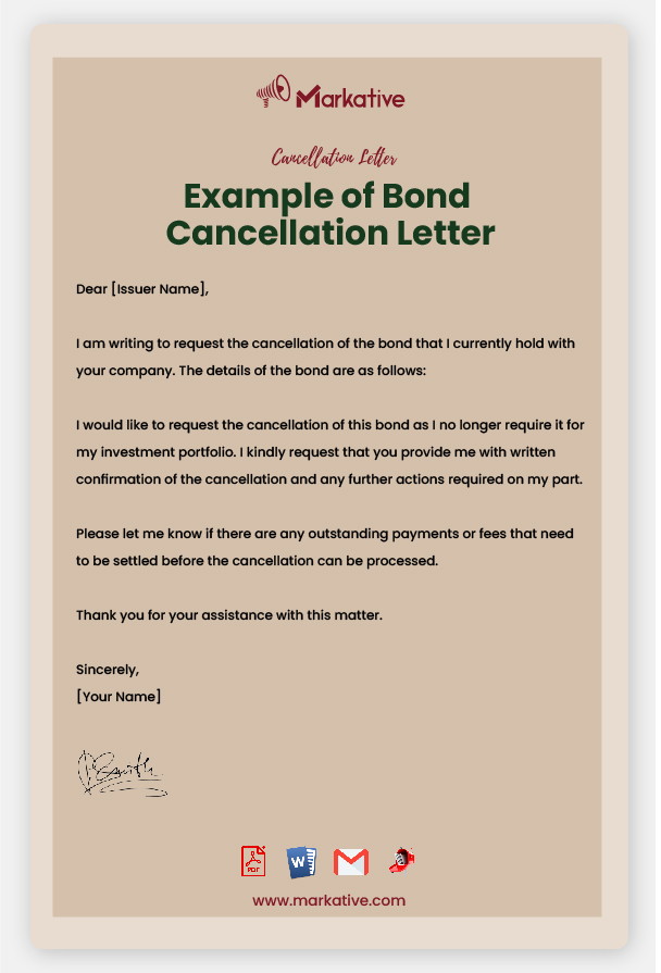 Example of Bond Cancellation Letter